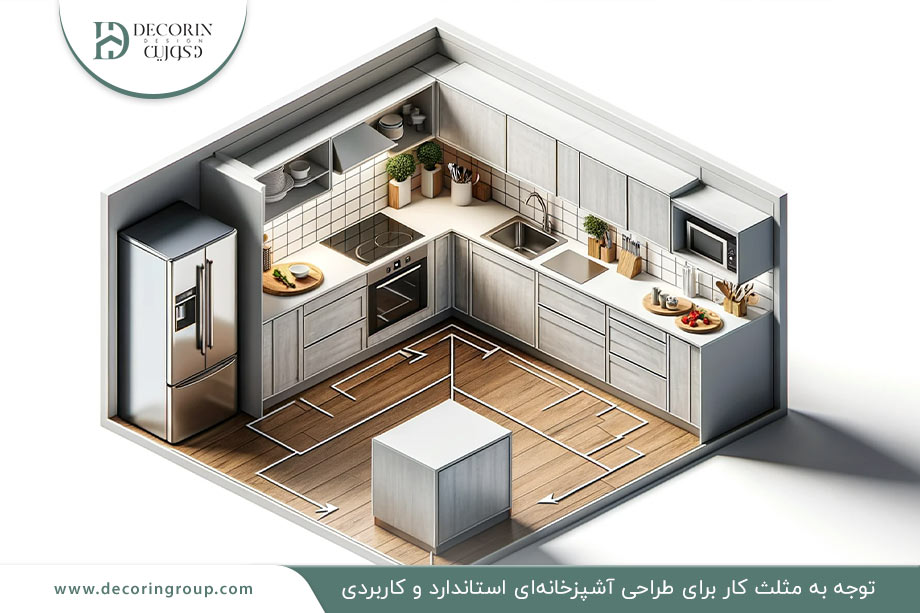 توجه به مثلث کار در آشپزخانه ال شکل برای ایجاد فضایی کاربردی و استاندارد