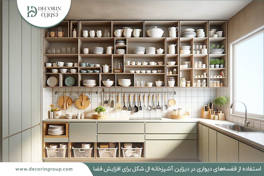 استفاده از قفسه‌های دیواری برای افزایش فضا در آشپزخانه‌های ال شکل